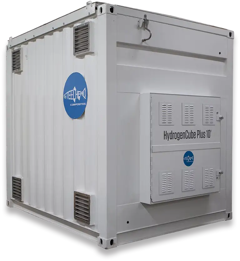 Steelhead Composites HydrogenCube Plus 10' — a white, enclosed hydrogen storage module housed in a compact, vented steel container with Steelhead branding on the side. Designed for high-pressure hydrogen storage and transport.