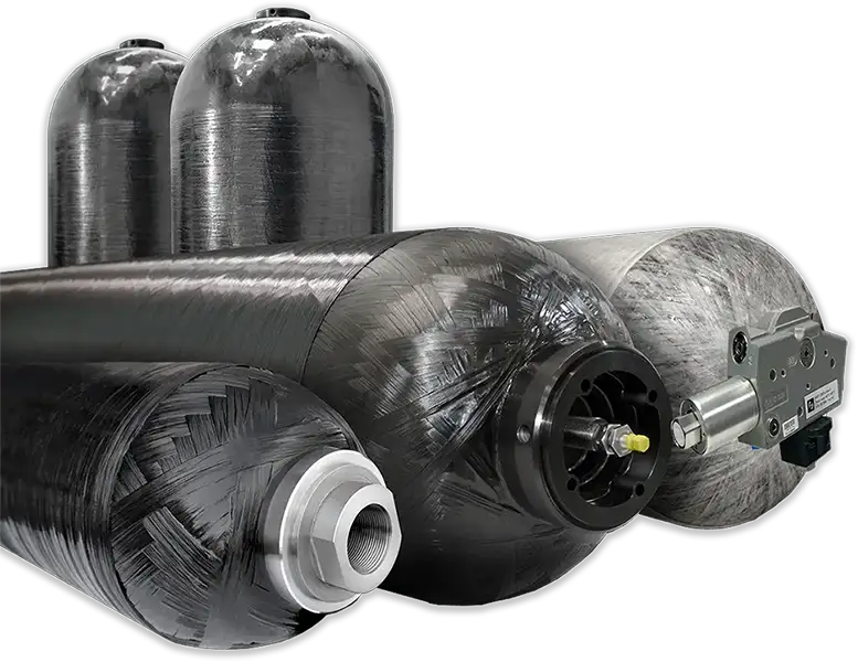 Family of composite pressure vessels in different sizes and configurations, representing Steelhead’s advanced testing and recertification services.