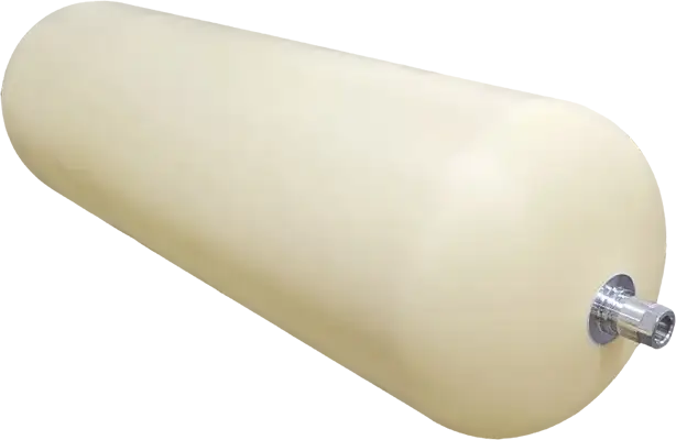 Type IV polymer liner during the Advanced Liner Fabrication process, showing its smooth cylindrical shape with rounded ends and metallic fittings.