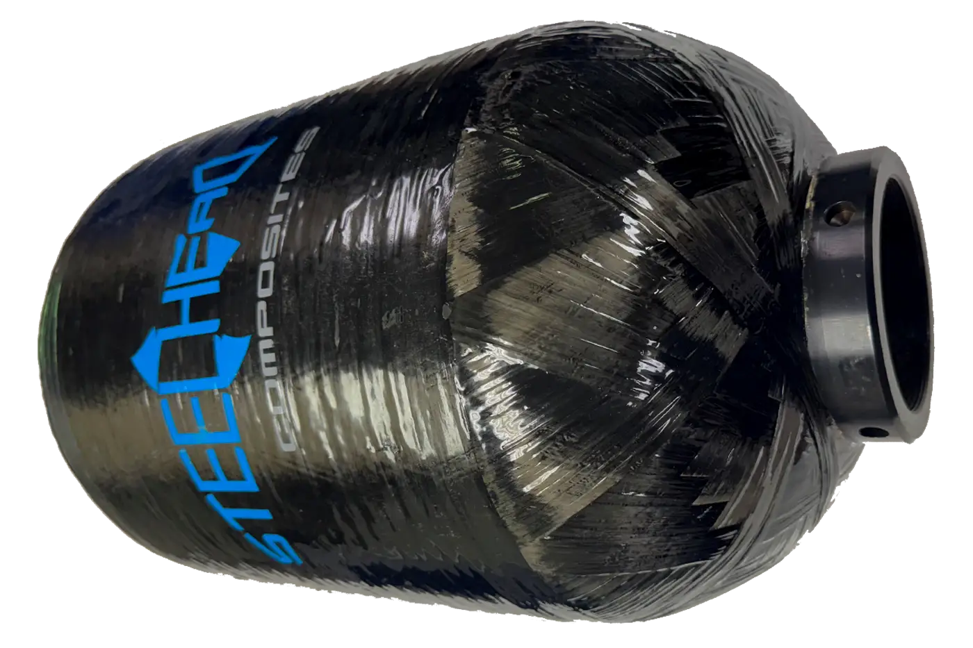 12-inch 6000 psi (414 bar) Type III hydrogen pressure vessel from Steelhead Composites, featuring carbon fiber overwrap and extra-large port for high-pressure gas storage.