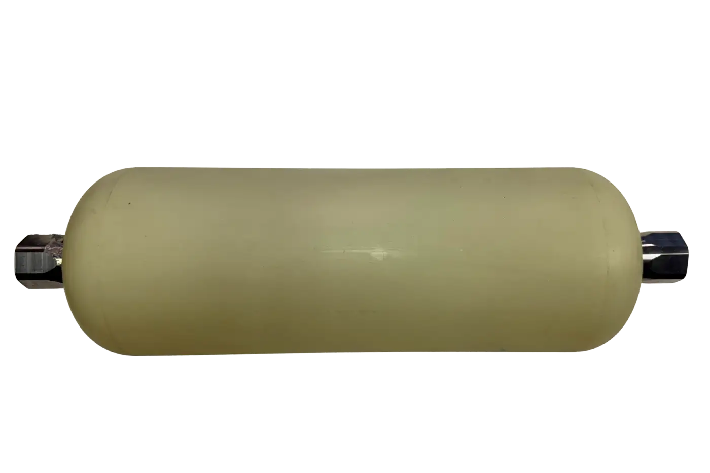 Engineered plastic STEB liner for fiber evaluation and composite testing, shown with threaded metallic end fittings for small pressure vessel applications.
