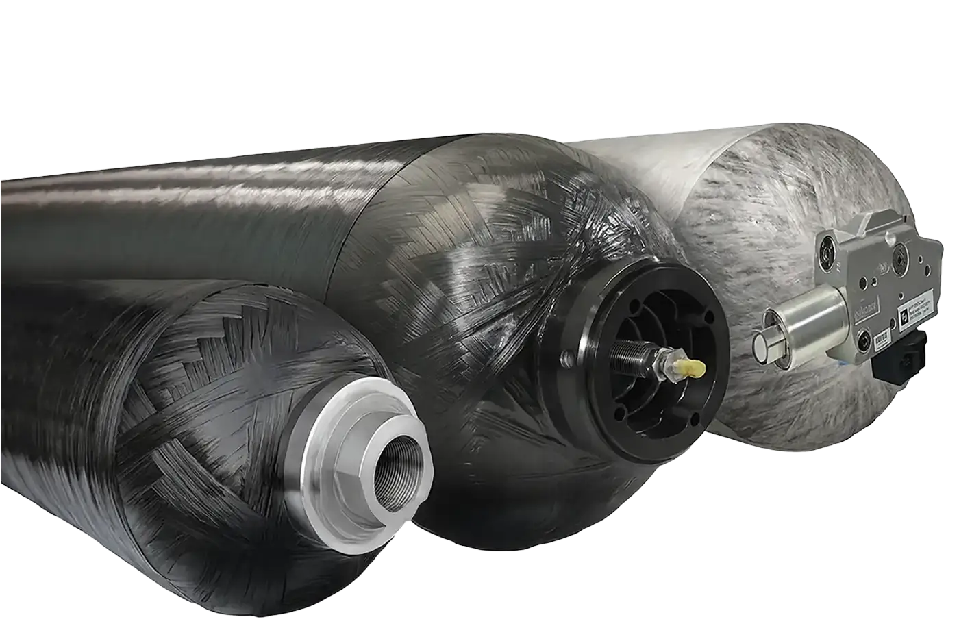 Close-up of multiple Steelhead Composites 13-inch 5000 psi Type III pressure vessels with large port openings, designed for high-pressure gas transport and storage.