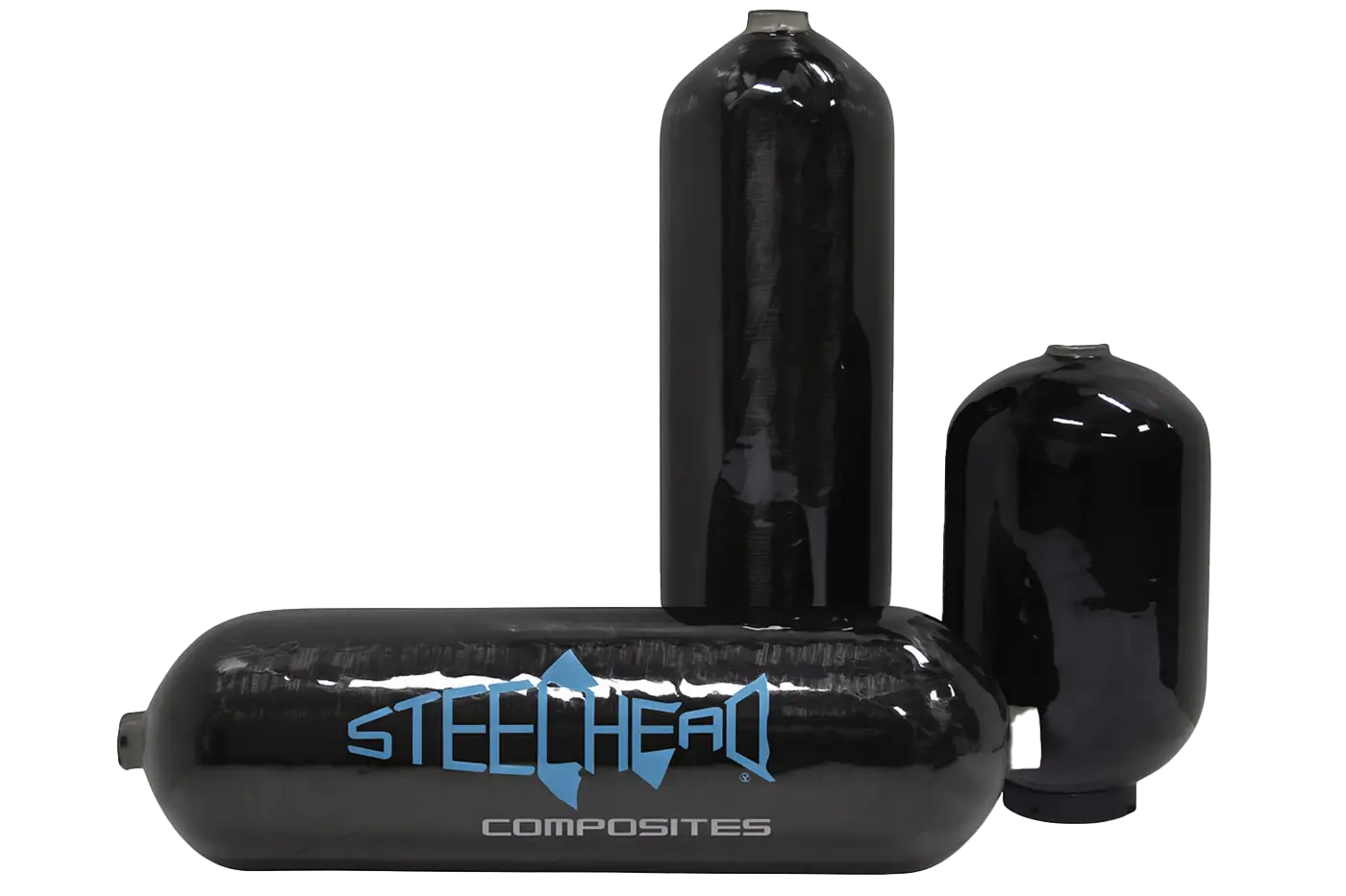 Steelhead Composites 3000 psi Type III carbon pressure vessels in various sizes, designed for lightweight, high-performance gas storage applications.