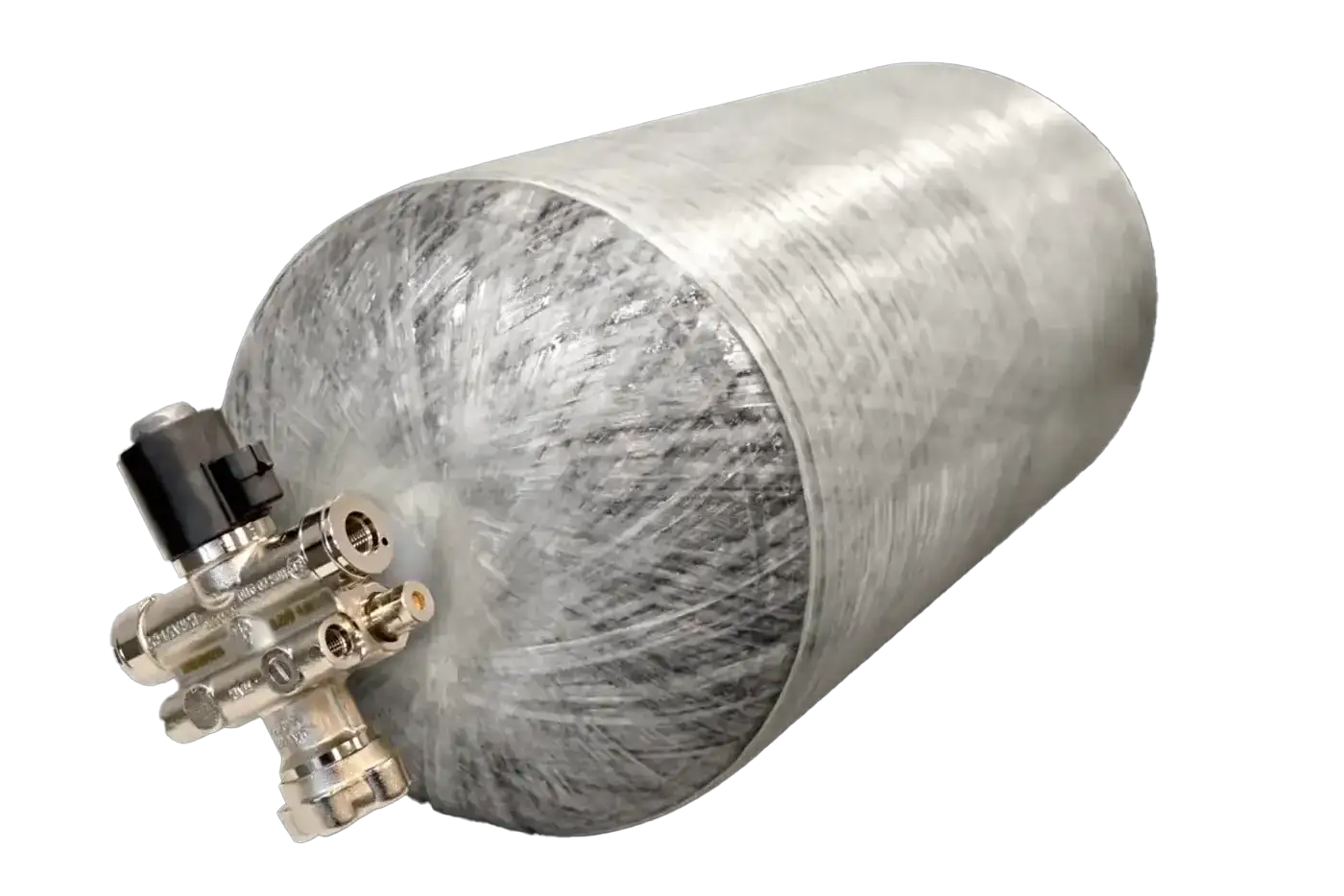 DOT- and NGV2-certified 16-inch 3600 psi CNG storage cylinder for on-board vehicle use, shown with integrated valve assembly. 