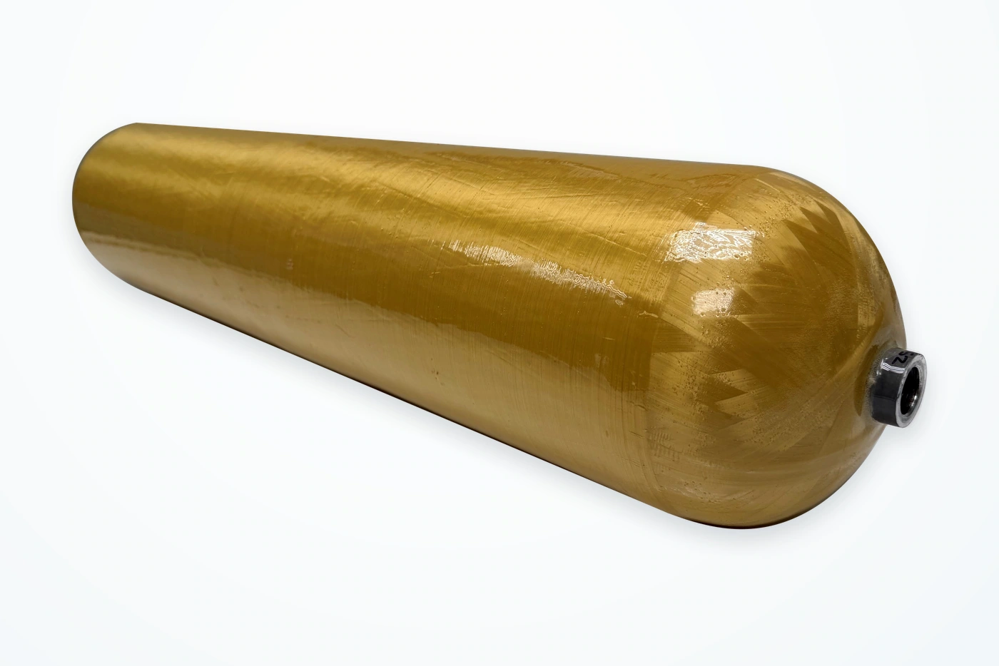 Phoenix aramid-reinforced demisable COPV with its original amber-colored winding and metallic port.