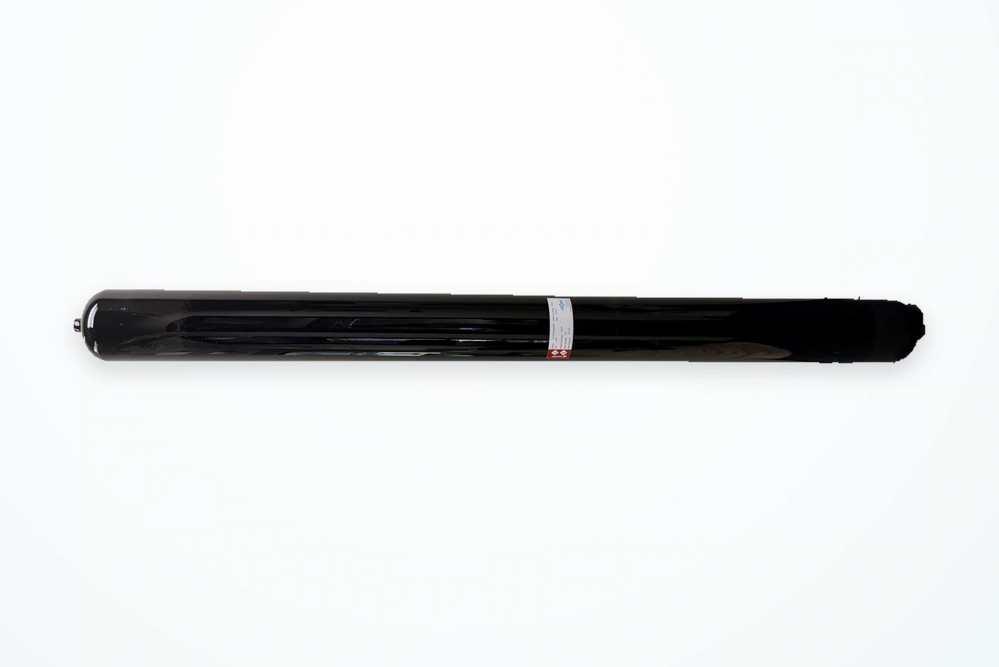 Rampart long, black-coated Type I aerospace pressure vessel, with its original product label and end fitting.