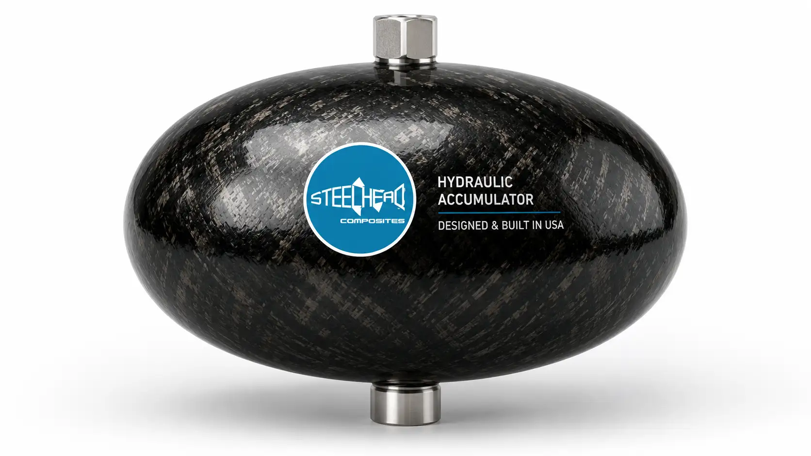 Composite hydraulic accumulator with carbon-fiber construction, metal fittings and Steelhead Composites branding.