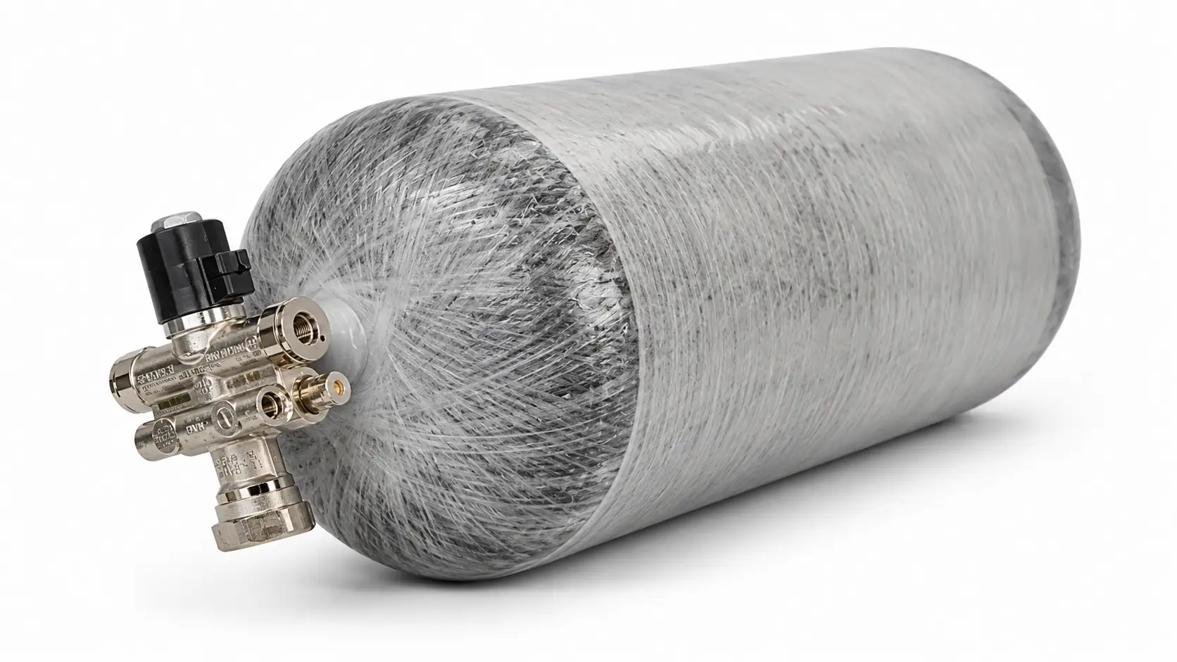 Type III composite CNG cylinder with integrated valve assembly for compressed natural gas storage.