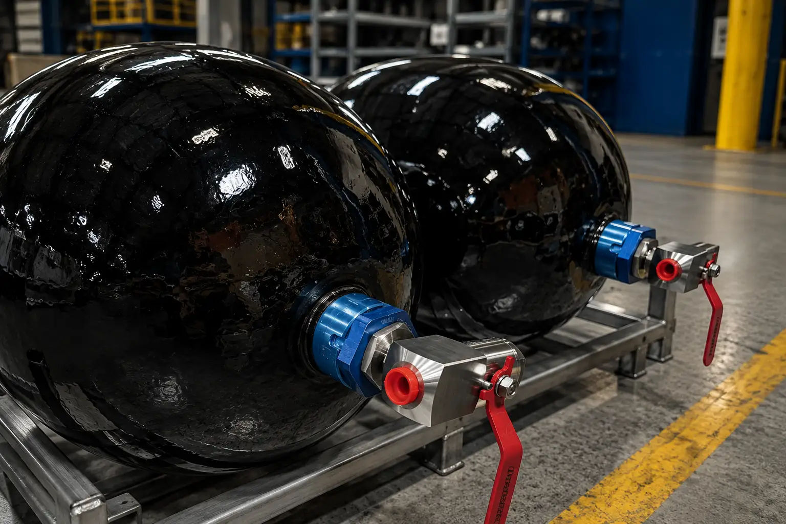 Close-up of Reliance Guardian Type III composite pressure vessel port and blue protective fitting