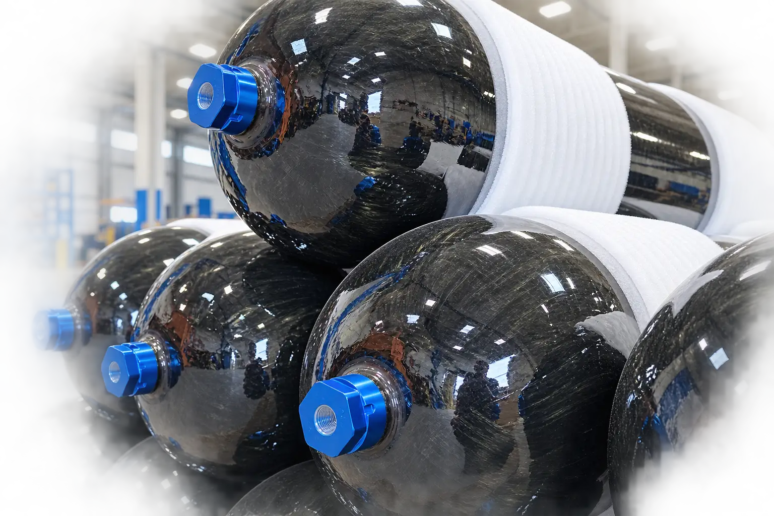 Reliance Guardian Type III composite pressure vessels with blue port fittings during production