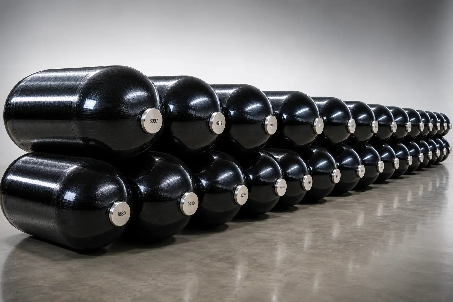 Large number of Steelhead composite pressure vessels staged for transport or system integration