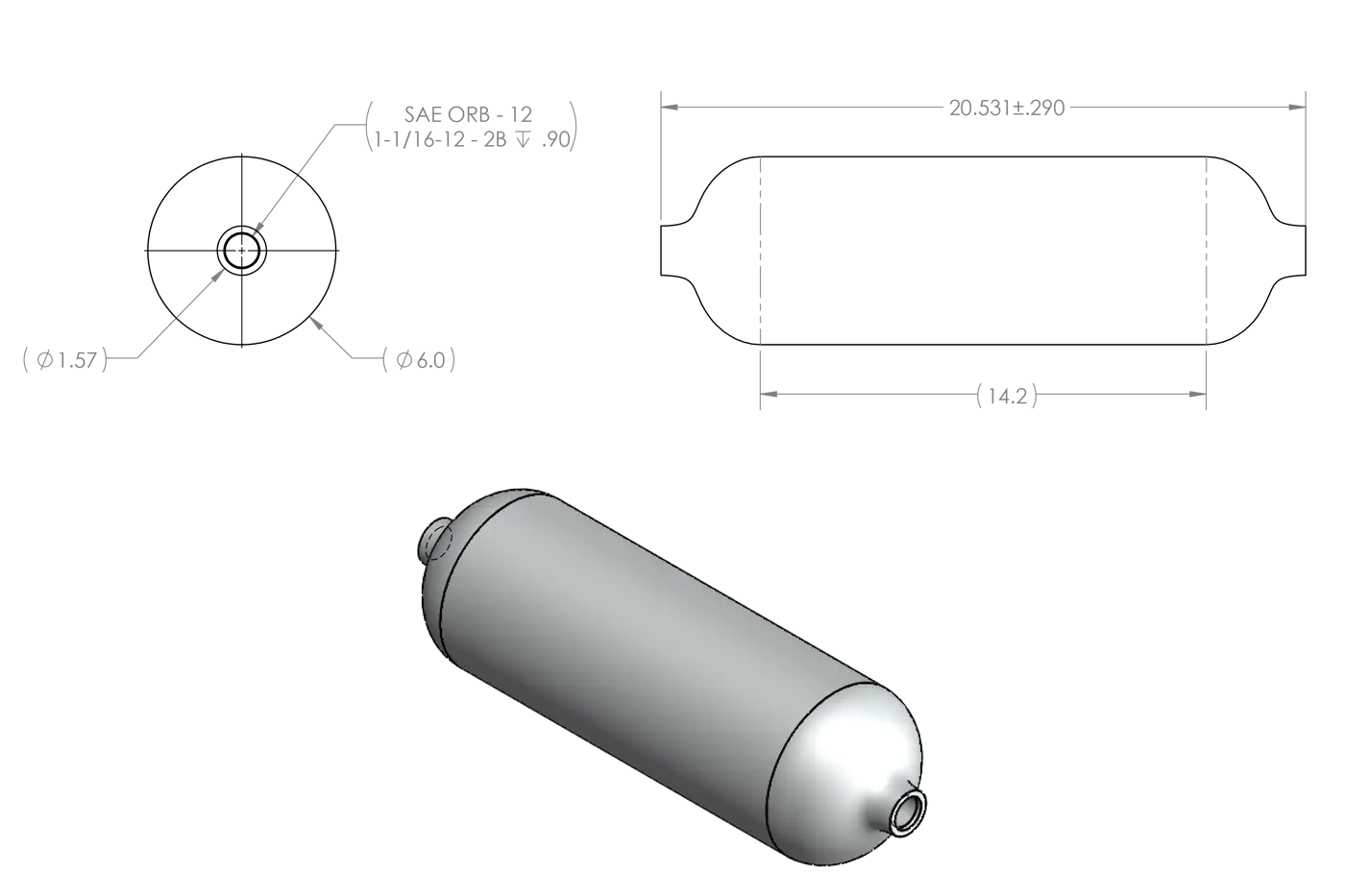Diagram and product image showing two ultra-lightweight pressure vessels: one with a Type 3 liner and single AS5202-10 port optimized for UAVs, AUVs, and breathing air systems; the other with an Aluminum 6061-T6 STEB liner used for fiber translation and burst testing.