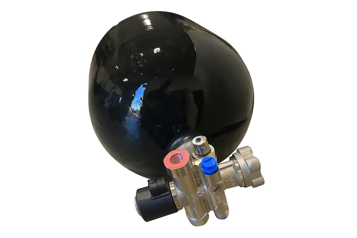 Compact 11-inch 3600 psi CNG cylinder with valve assembly, certified to DOT and NGV2 standards for on-board storage in natural gas-powered vehicles.