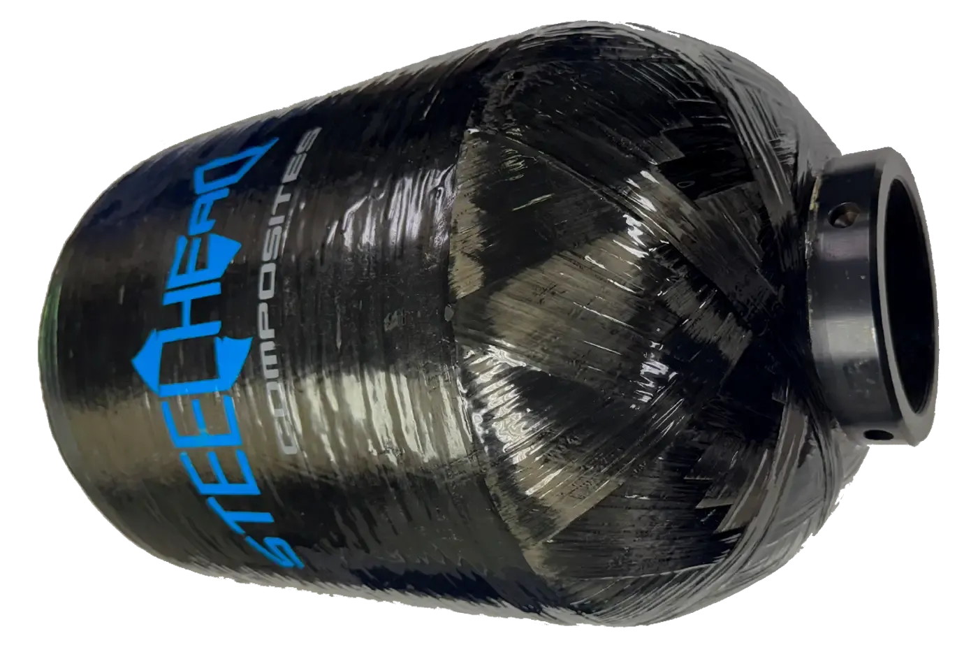 12-inch 6000 psi (414 bar) Type III hydrogen pressure vessel from Steelhead Composites, featuring carbon fiber overwrap and extra-large port for high-pressure gas storage.