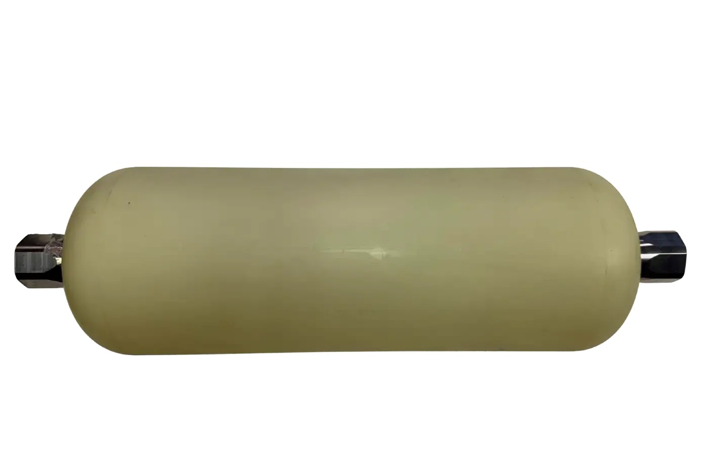 Engineered plastic STEB liner for fiber evaluation and composite testing, shown with threaded metallic end fittings for small pressure vessel applications.