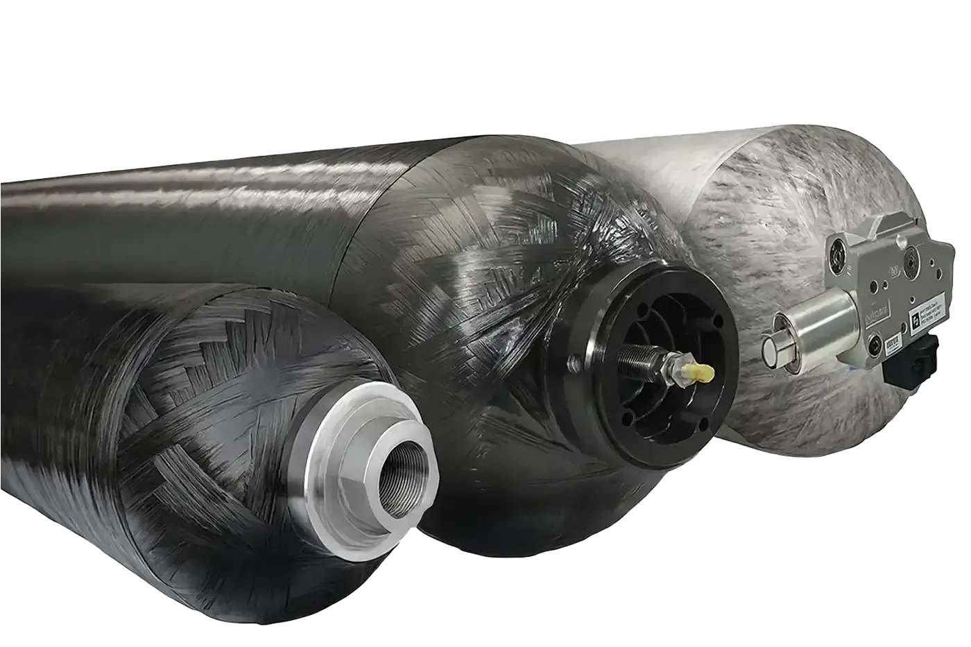 Close-up of multiple Steelhead Composites 13-inch 5000 psi Type III pressure vessels with large port openings, designed for high-pressure gas transport and storage.