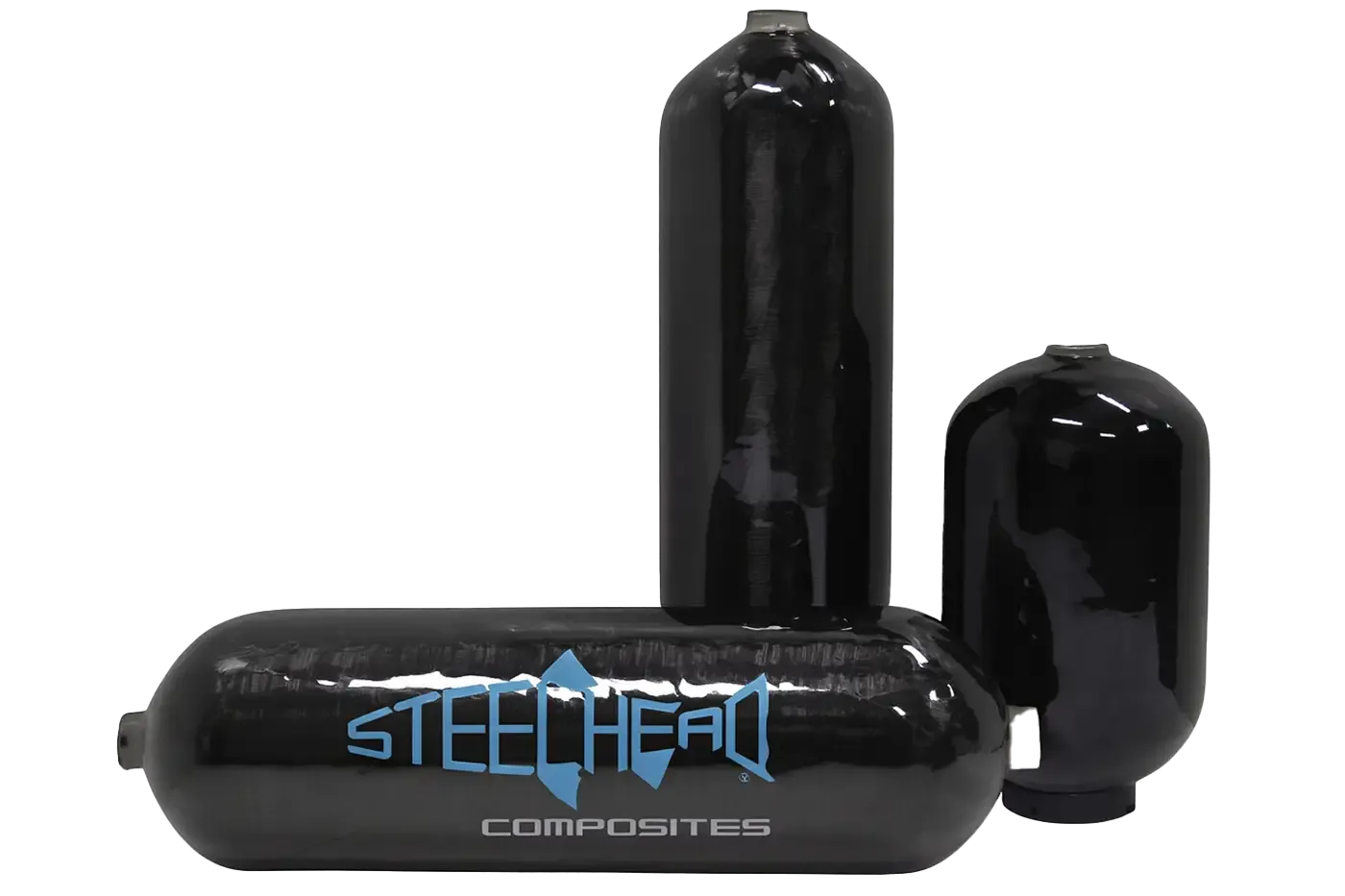 Steelhead Composites 3000 psi Type III carbon pressure vessels in various sizes, designed for lightweight, high-performance gas storage applications.