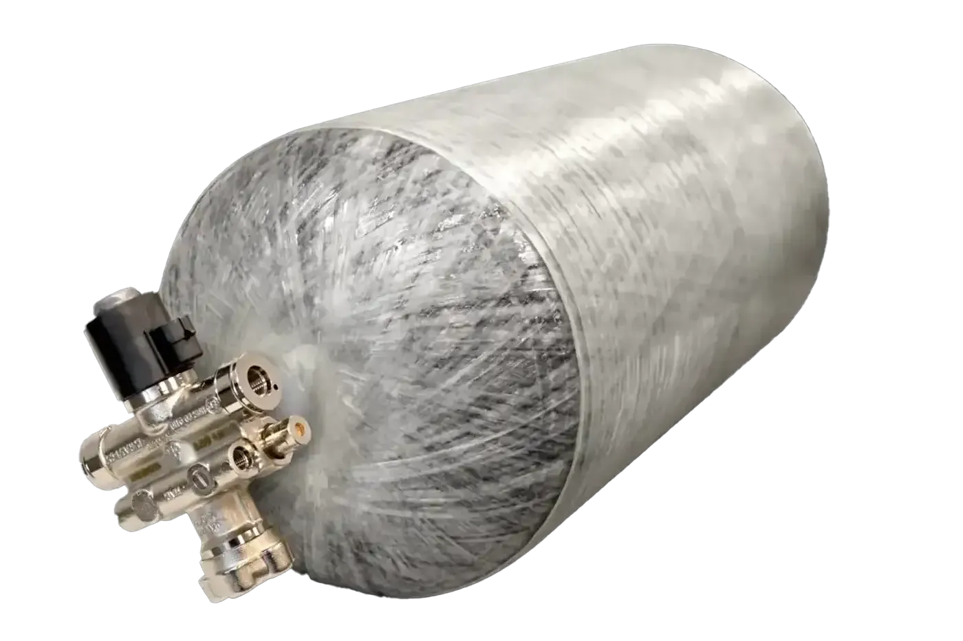 DOT- and NGV2-certified 16-inch 3600 psi CNG storage cylinder for on-board vehicle use, shown with integrated valve assembly. 