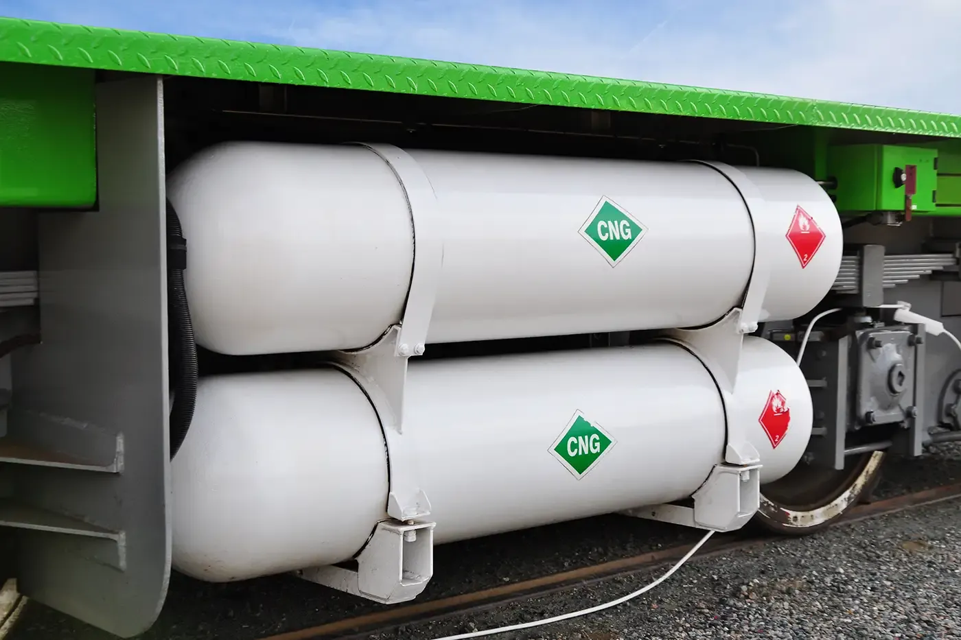 Compressed natural gas (CNG) cylinders mounted on a vehicle, illustrating the need for recertification to support safe fleet operation and compliance.